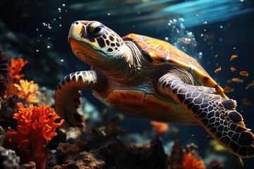 Naklejka na ściany i meble Sea turtle on the background of a coral reef