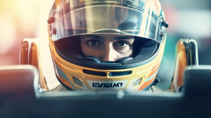 formula one racing driver before start of competition on track. Banner with copy space, digital ai art.