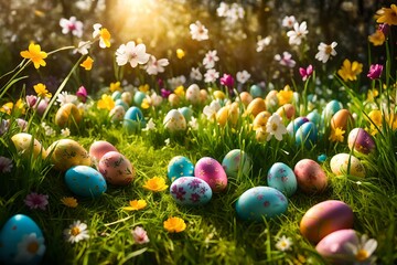 A vibrant Easter egg hunt in a sunlit garden, with colorful eggs scattered among lush green grass and blooming flowers.