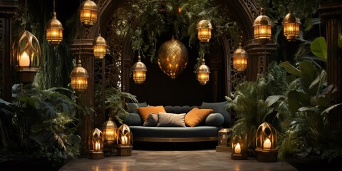 Calm Alcove Decorated with Plants and Golden Lanterns