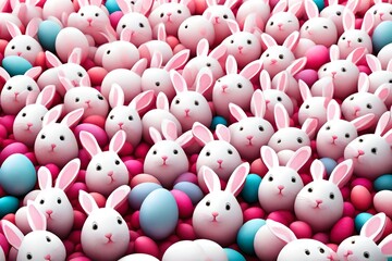 Pink bunny among white rabbits as Easter eggs