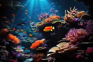 Möbelaufkleber Colorful corals and exotic fishes at the bottom of the ocean. Beautiful natural summer background © Elen Nika
