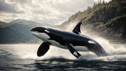 A sleek and powerful orca soaring through the air, its black and white markings glistening in the...