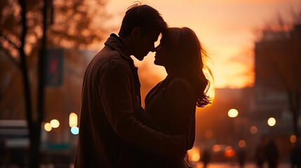 Young couple in love kissing on a city street - obrazy, fototapety, plakaty