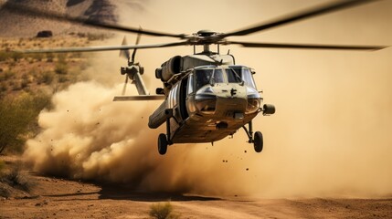 Helicopter soars above the desert landscape.