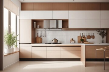 Fototapeta premium Interior home design of modern kitchen with wooden kitchen cabinets near the window