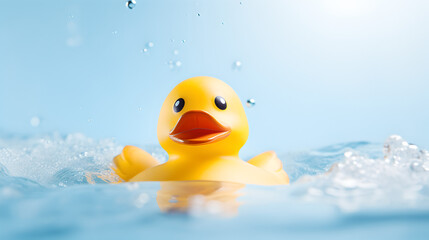 close up of adorable yellow rubber duck swimming in water  before a light blue background with soap bubbles