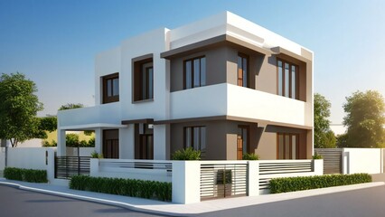Fototapeta premium Modern two-story residential house with white and gray exterior, large windows, and a minimalist design under a clear blue sky, ideal for real estate, architecture, or home design projects.