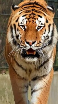 Portrait of a tiger. Siberian tiger (Panthera tigris altaica) angry aggressive behaviour. Wild animals in their habitat