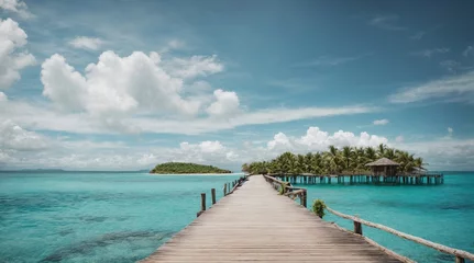 Fotobehang Beautiful tropical surroundings are the ideal setting for summer travel and vacations. vast expanse of blue sky with white clouds, a wooden pier that leads to an island in the lake, and  © RIDA BATOOL