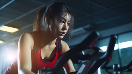 Fototapeta na wymiar Exercise bike cardio workout at fitness gym.Asian women doing sport biking in the gym for fitness in the morning.Fitness,Gym ,healthy lifestyle concepts.
