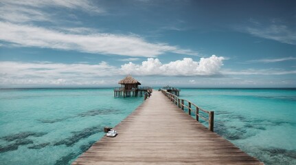 Fototapeta na wymiar Beautiful tropical setting, ideal for summer trip and vacation. Huge blue sky with white clouds, a wooded pier that leads to a watery island, and a broad view 