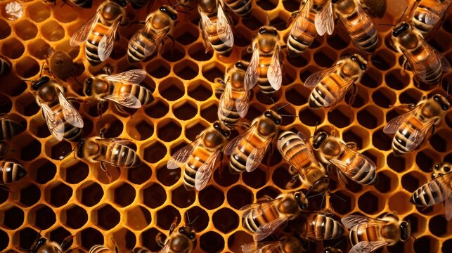 Up-close perspective of bees diligently attending to honeycomb cells.