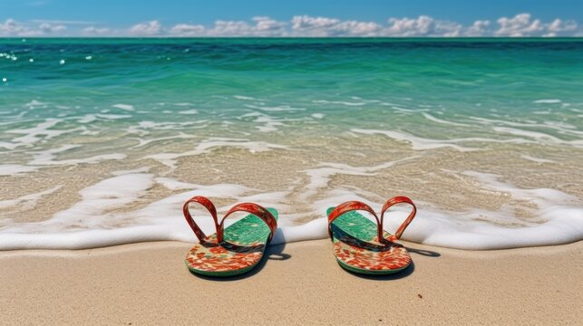 Children's sandals on the beach against the background of the sea.