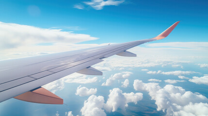 Fototapeta premium Airplane wing on blue sky background. Travel and transportation concept.