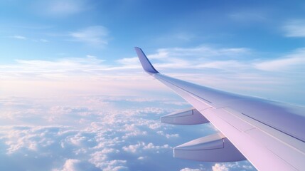 Obraz premium Airplane wing on blue sky background. Travel and transportation concept.