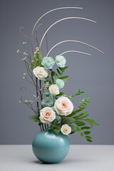 Modern Japanese Ikebana Flower Arrangement With Accent Lines in Vase, vertical flow, curves, floral design 