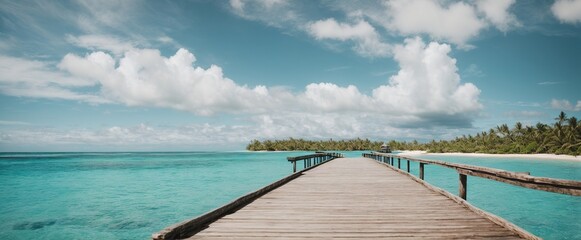 An exquisite tropical backdrop, ideal for summertime getaways and travel. An island in the water with a wooden pier against a blue sky and white clouds in the distance 