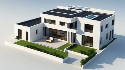 3d house model rendering on white background, 3D illustration modern cozy house. Concept for real estate or property.