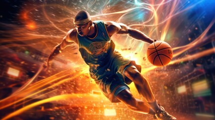 Digital illustration about basketball and sports.Collage of images of proffesional soccer football, basketball and tennis player in motion isolated on dark background with stroboscoper effect.