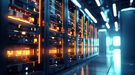 Fototapeta premium The data center's server room boasts advanced features for backup, mining, hosting, mainframes, and computer racks with storage information.