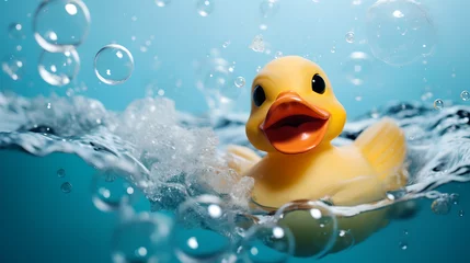 Fotobehang close up of adorable yellow rubber duck swimming in water  before a light blue background with soap bubbles © Jakob