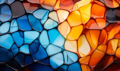 Foto auf Acrylglas Befleckt Colorful abstract stained glass pattern with a vibrant mosaic of interconnected shapes in varying shades of blue, orange, and yellow
