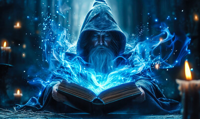 Mystical ancient wizard conjuring blue magical energy from an arcane tome in a dark, gothic cathedral setting, embodying fantasy and sorcery