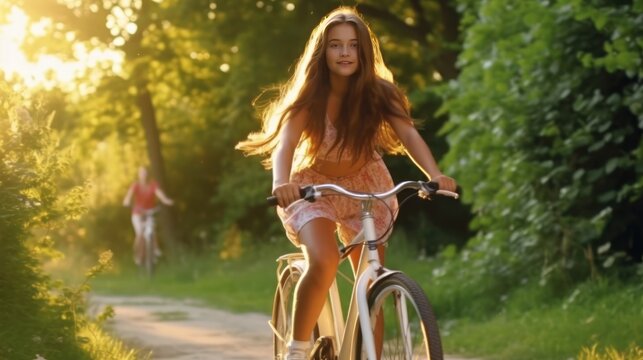 Cute teenage girl riding a bicycle in summer park. Cheerful teenager having fun on a bike on sunny evening.