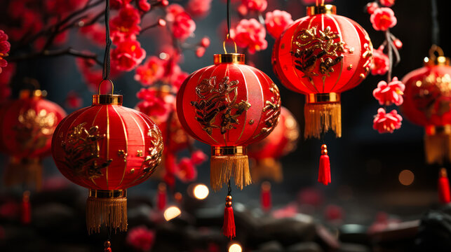 Traditional red Chinese lanterns adorned with golden characters, blossoms, and tassels, symbolizing joy and prosperity for the Lunar New Year celebration
