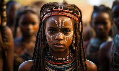 Young indigenous African girl with traditional face paint and tribal attire stands resolutely, her gaze piercing, against a backdrop of her community members - obrazy, fototapety, plakaty