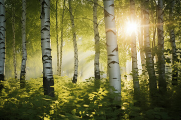 Summer birch woods with sun