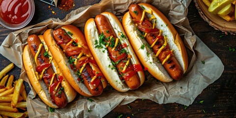 Savor the Flavor: Hot Dog Food Concept in a Top View Photo, Showcasing the Tempting Arrangement of Sausage, Bun, Mustard, and Ketchup with Ample Copy Space.

