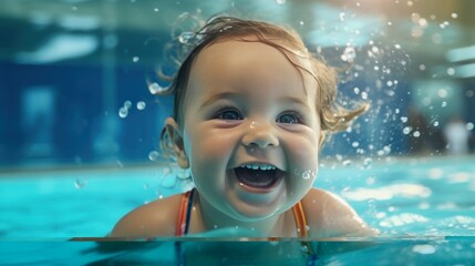 Concept healthcare sport for infant. Portrait Cute happy laughing baby girl swimming in pool, teaching small swimmer.
