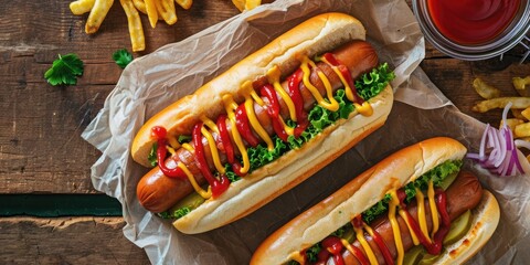Savor the Flavor: Hot Dog Food Concept in a Top View Photo, Showcasing the Tempting Arrangement of Sausage, Bun, Mustard, and Ketchup with Ample Copy Space.

 - obrazy, fototapety, plakaty