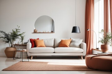 Scandinavian Interior home design of modern living room with fabric sofa next to window with beige wall