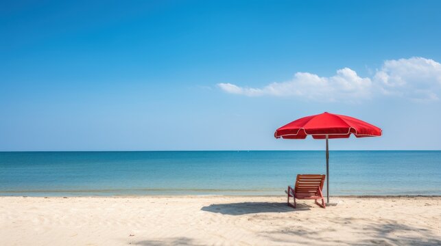 Red umbrella and chair on the tropical beach with blue sky background.