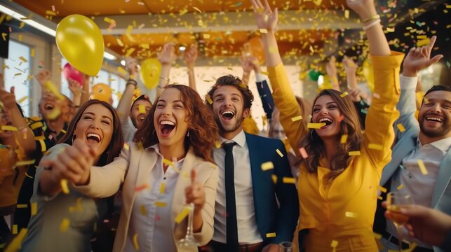 Celebrate and victory to business success with colleagues. Business celebration party event with co-worker partner in business marketing team, winner successful with startup teamwork together.