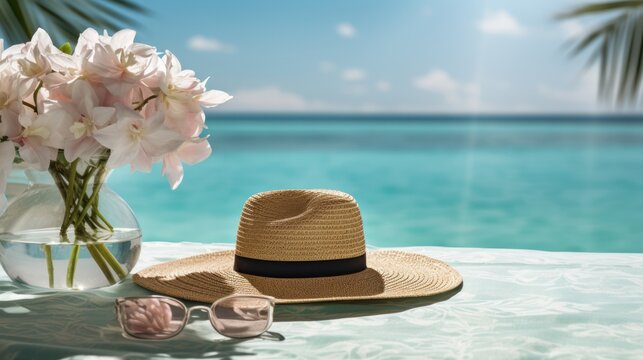 Summer hat floating on swimming pool with pink flowers and blue water background