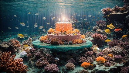 an ocean-themed cake adorned with tropical shells and aquatic creatures, dubbed the "sea cake."