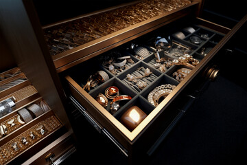 jewelery in the compartments inside the open drawer, Generated Al	
