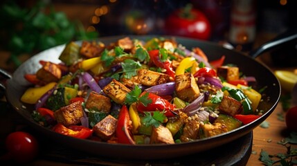 Colorful vegetable stir-fry with tofu in a wok, capturing the sizzle and vibrant colors.
