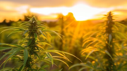 A breathtaking sunset casts a warm glow over a vast field of marijuana, highlighting the intricate details of the cannabis plants cultivated for agricultural and gardening purposes. - obrazy, fototapety, plakaty