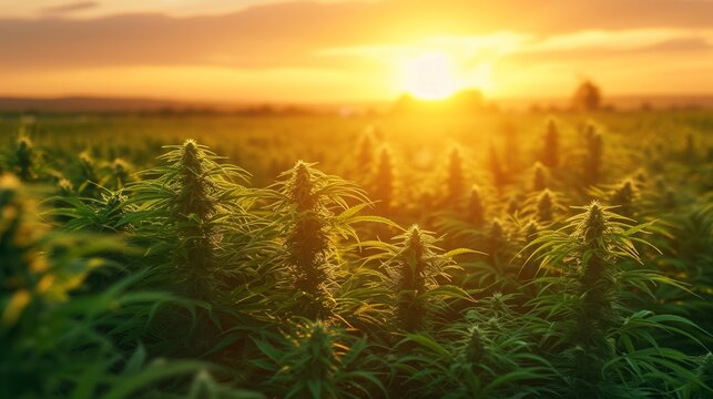A breathtaking sunset casts a warm glow over a vast field of marijuana, highlighting the intricate details of the cannabis plants cultivated for agricultural and gardening purposes.