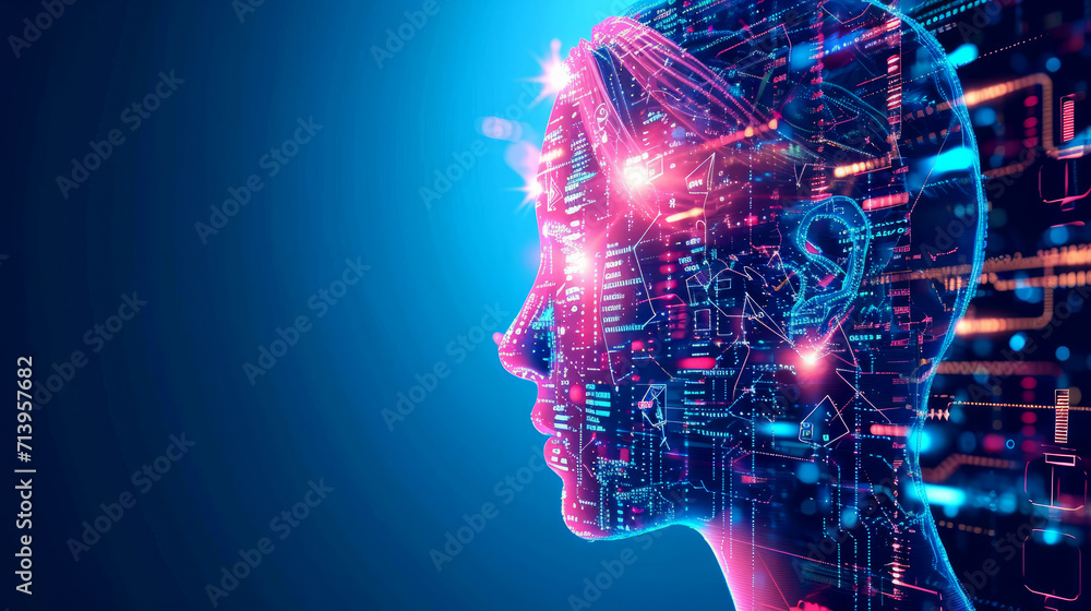 Poster Side profile of a futuristic artificial intelligence computer head with glowing lines and data