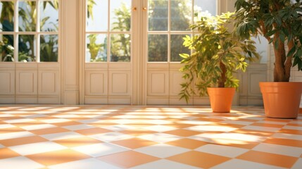 Sunlight and shadow on tile floor in living room