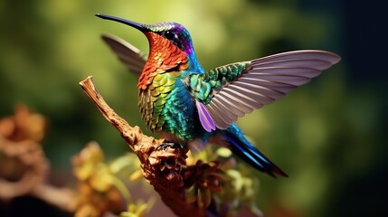 Fototapeta premium A vibrant hummingbird hovers in mid air showcasing its iridescent beauty generated by artificial intelligence