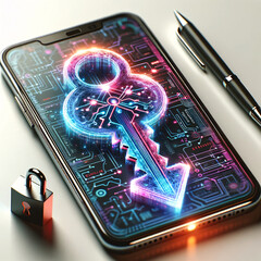 Le Smartphone affiche une clef, idéal pour article, blogs traitant de : Piraterie, Cyber sécurité, sécurité informatique, virus, hacker, hacking, pirate, attaque et intelligence artificielle sur tél