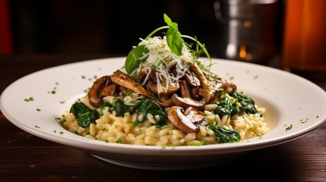 Creamy Mushroom And Spinach Risotto With Parmesan Cheese And Fresh Herbs.