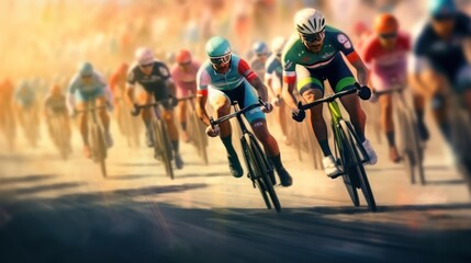 bike racers riding on the track in watercolor. they cycle through rural and forest roads. - obrazy, fototapety, plakaty